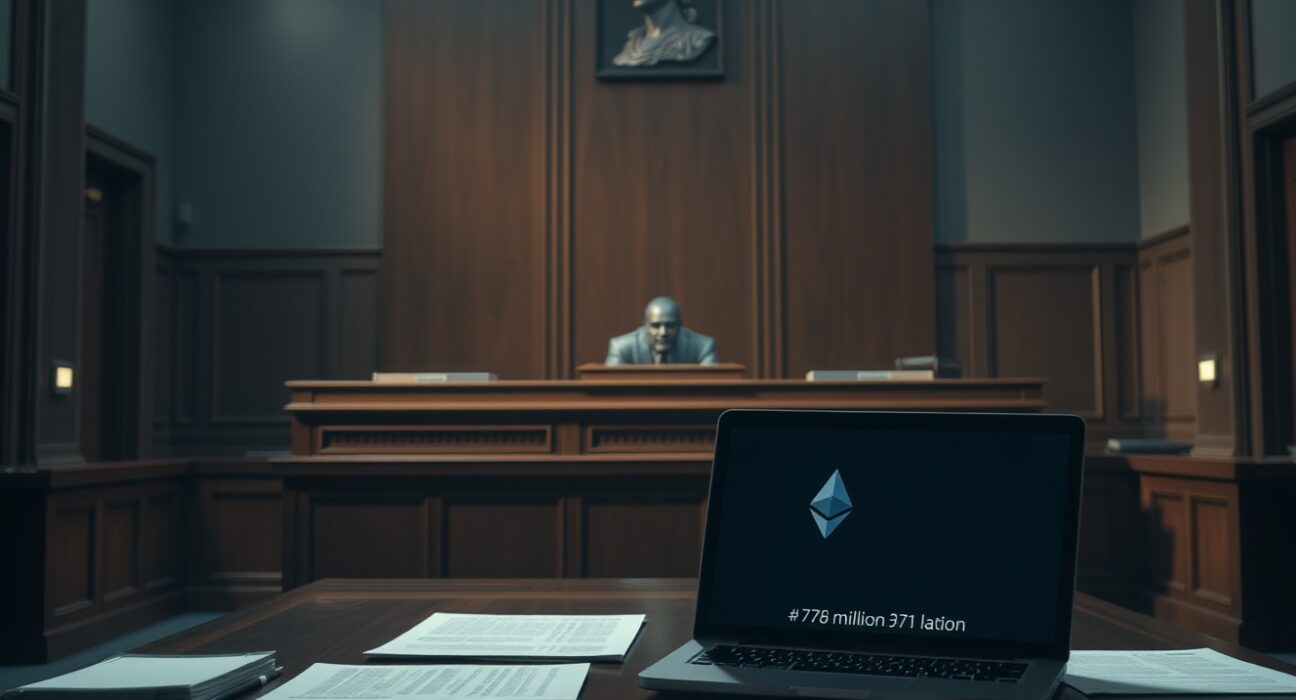 Courtroom with laptop showing frozen $71 million Ethereum wallet, symbolizing legal battle over crypto assets.