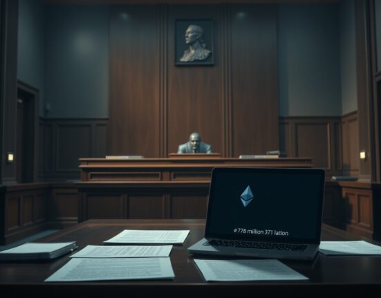 Courtroom with laptop showing frozen $71 million Ethereum wallet, symbolizing legal battle over crypto assets.