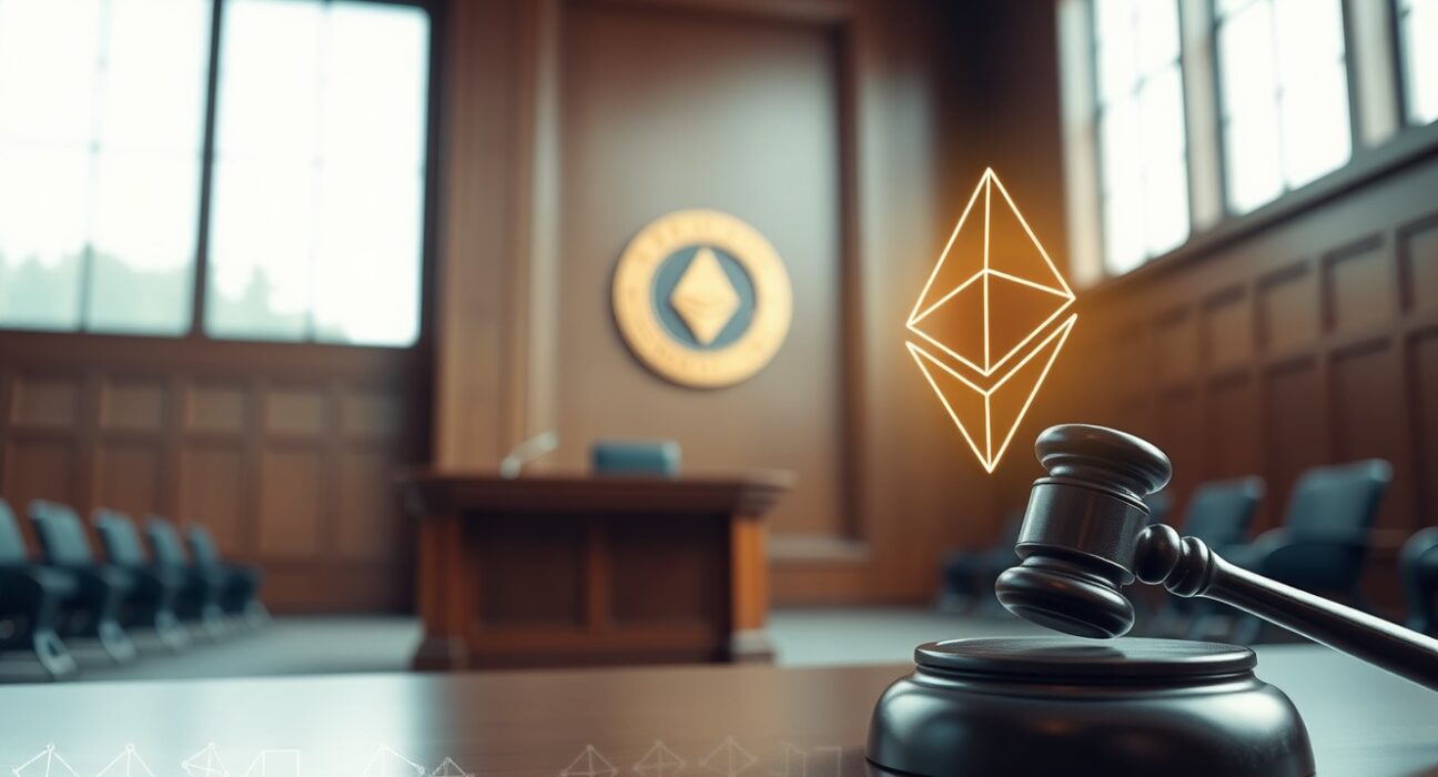 Courtroom with gavel and digital Ethereum symbol representing legal ruling on frozen crypto assets