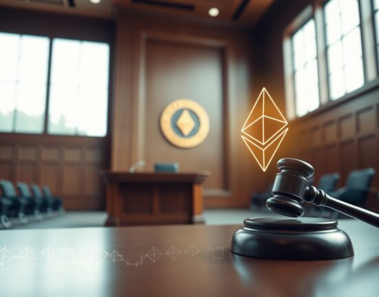 Courtroom with gavel and digital Ethereum symbol representing legal ruling on frozen crypto assets