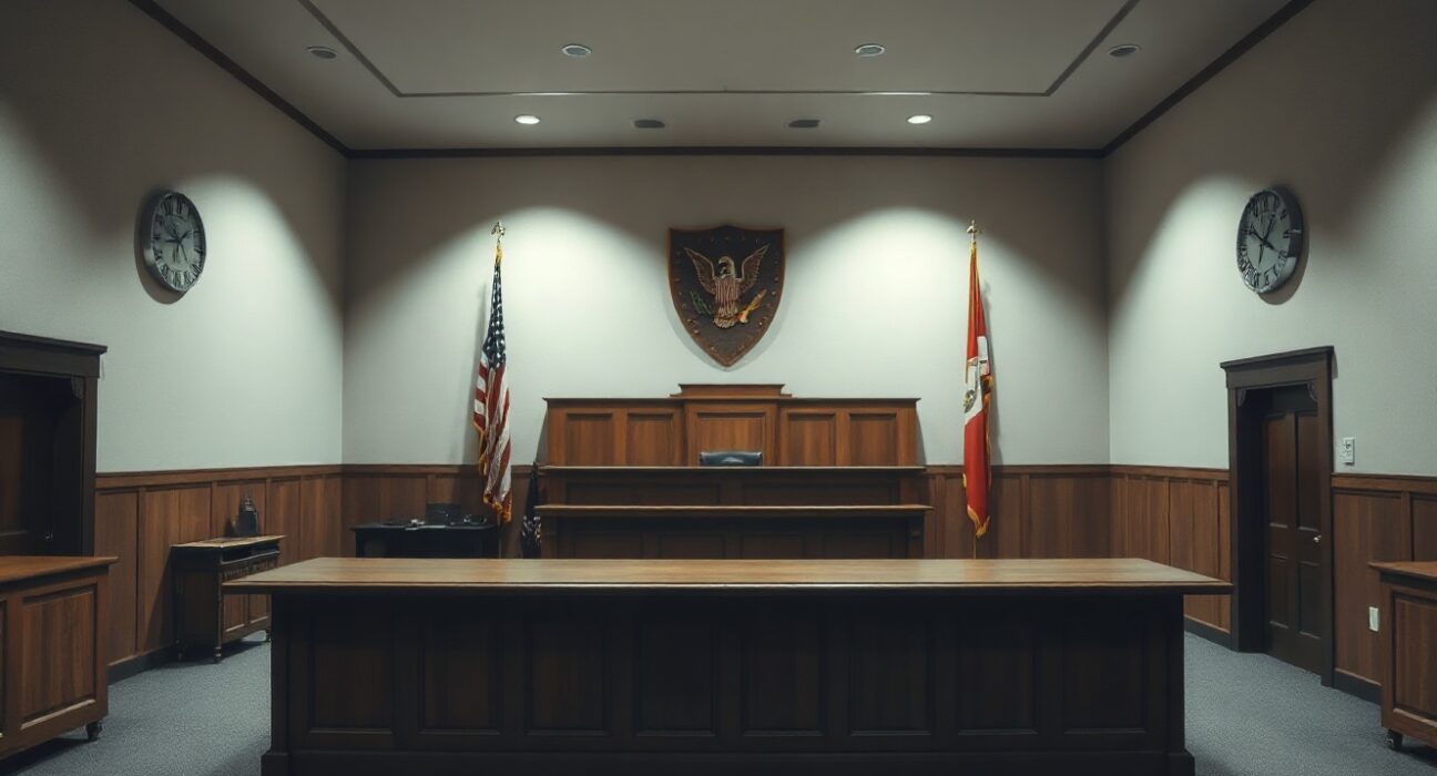 Empty courtroom with judge's bench in federal courthouse