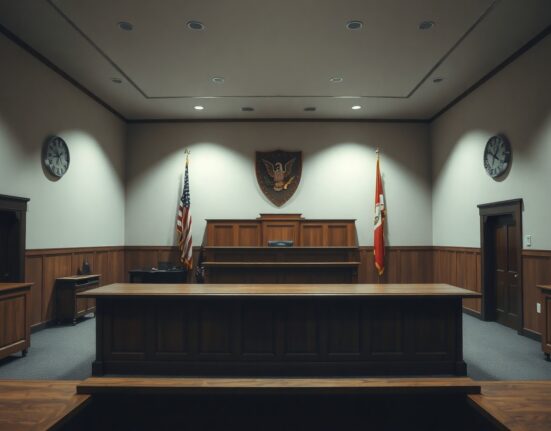 Empty courtroom with judge's bench in federal courthouse