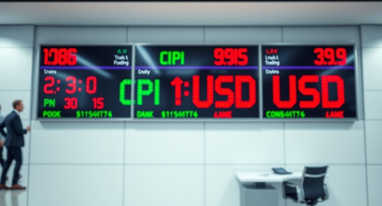 Financial news ticker showing CPI data and US Dollar index movement in a trading environment.