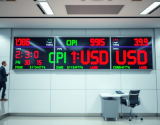 Financial news ticker showing CPI data and US Dollar index movement in a trading environment.