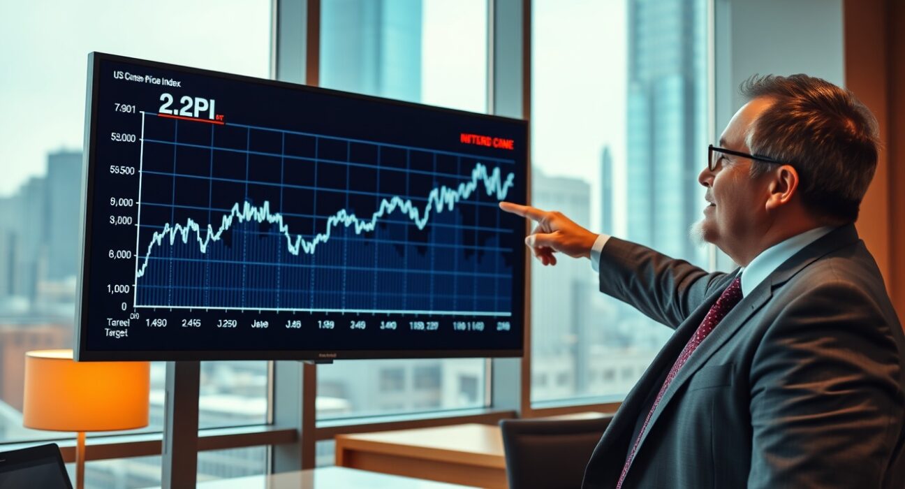 Financial analyst pointing to an upward trending CPI chart on a digital screen in a modern office