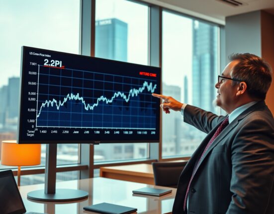 Financial analyst pointing to an upward trending CPI chart on a digital screen in a modern office