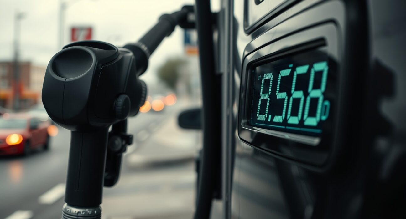 Fuel pump nozzle at a gas station with a high price display, representing rising energy costs and inflation.