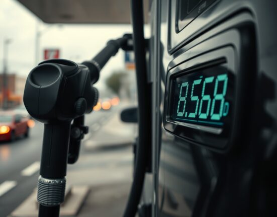 Fuel pump nozzle at a gas station with a high price display, representing rising energy costs and inflation.