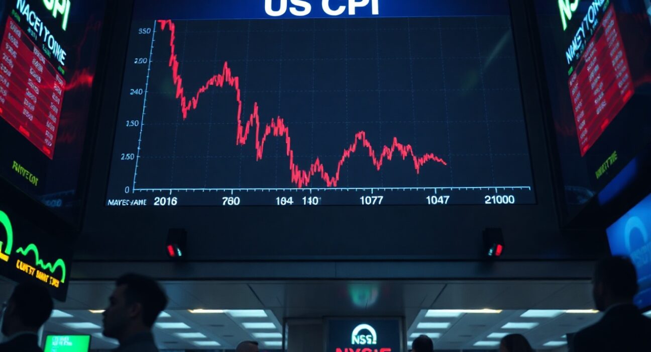 Stock market board displaying US CPI chart with upward trend, traders in foreground