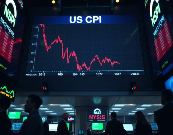 Stock market board displaying US CPI chart with upward trend, traders in foreground