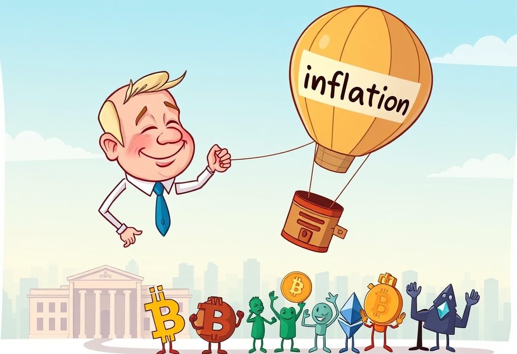 Cartoon illustration showing US CPI data easing inflation, symbolizing a positive economic outlook for the crypto market.