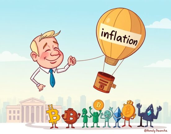 Cartoon illustration showing US CPI data easing inflation, symbolizing a positive economic outlook for the crypto market.