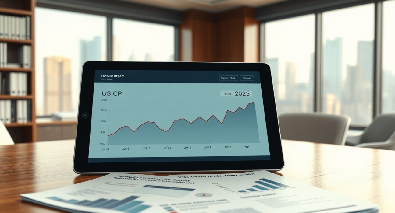 Analysis of steady US CPI data for February 2025 and Federal Reserve policy implications on a financial dashboard.