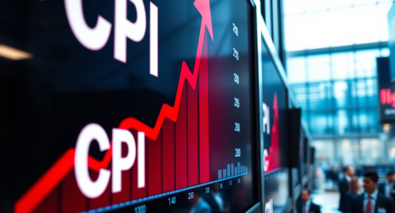 Financial display showing CPI inflation graph with upward red arrow and rising trend line