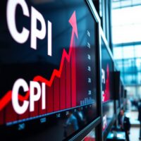 Financial display showing CPI inflation graph with upward red arrow and rising trend line
