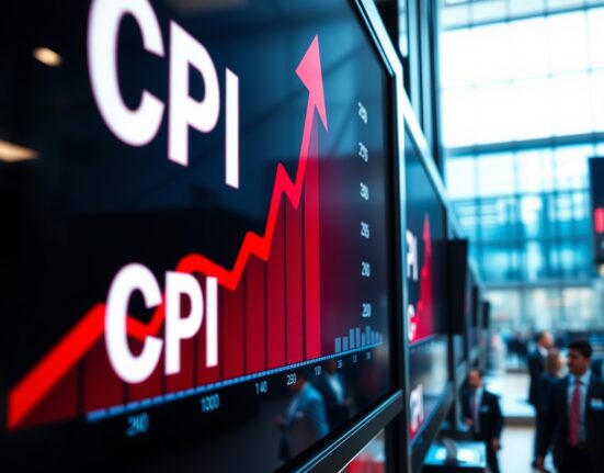 Financial display showing CPI inflation graph with upward red arrow and rising trend line
