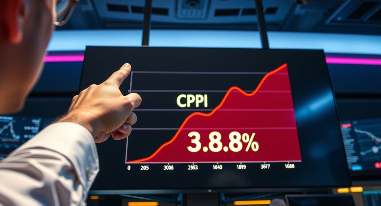 Financial analyst pointing at a screen showing US CPI inflation rising to 3.8% in April