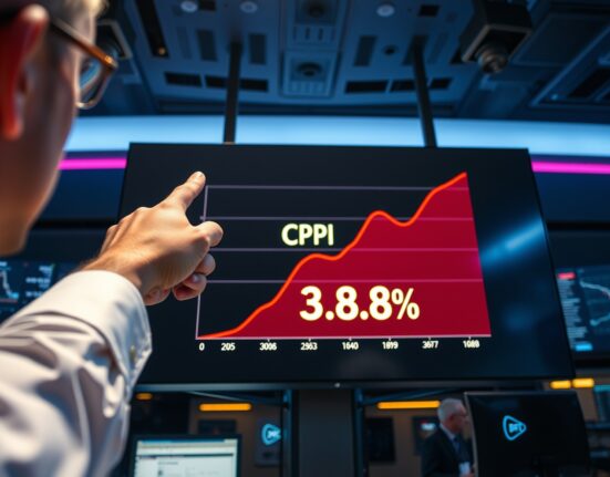 Financial analyst pointing at a screen showing US CPI inflation rising to 3.8% in April