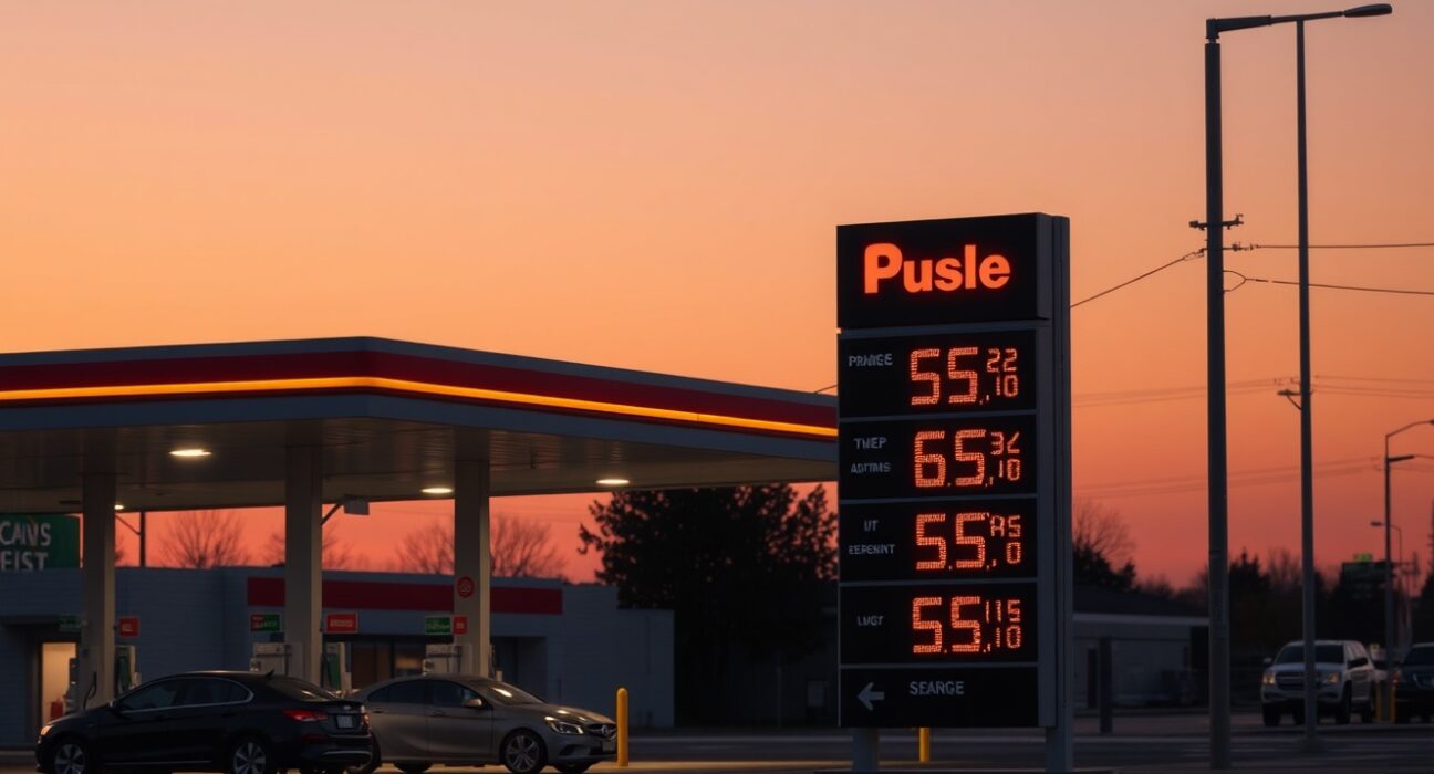 Rising US CPI inflation driven by surging energy prices at a gas station.
