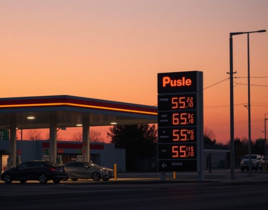 Rising US CPI inflation driven by surging energy prices at a gas station.