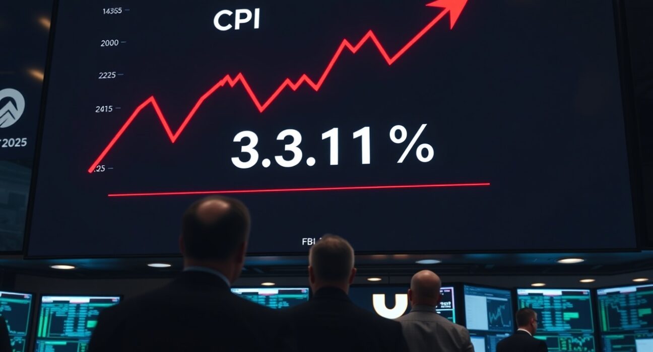 Digital display showing rising US CPI inflation graph on a trading floor
