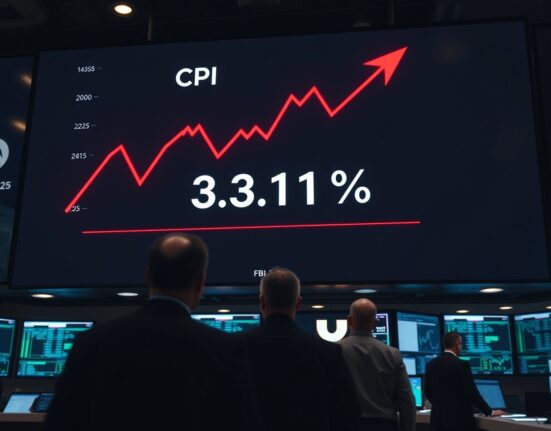 Digital display showing rising US CPI inflation graph on a trading floor