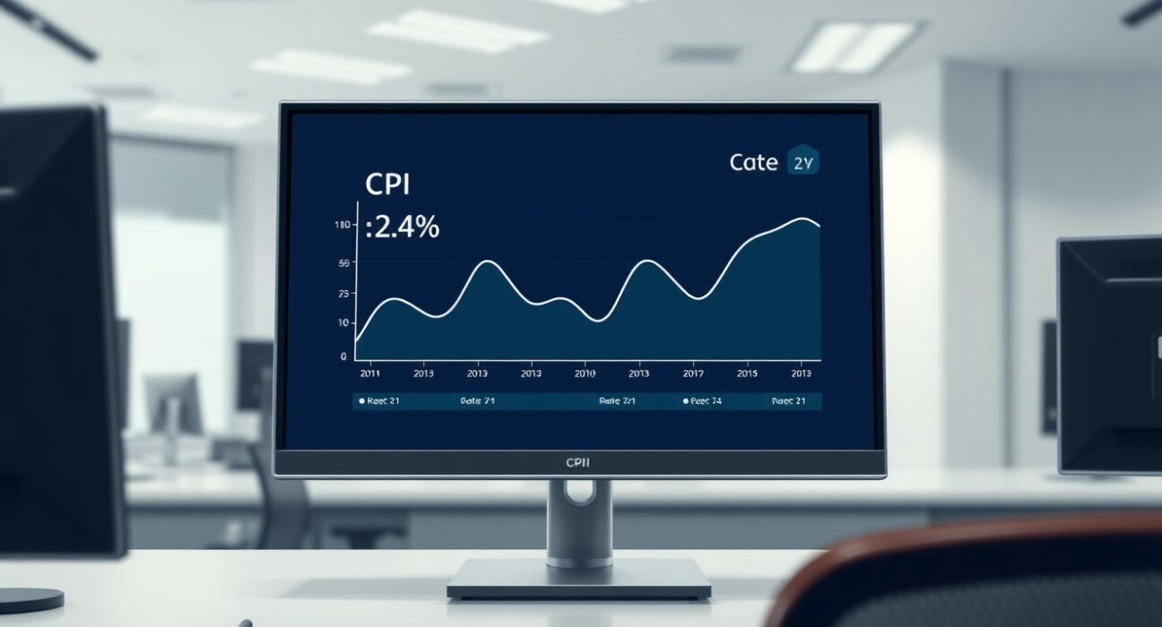 Economic data dashboard showing US CPI inflation holding steady at 2.4% in February 2025.