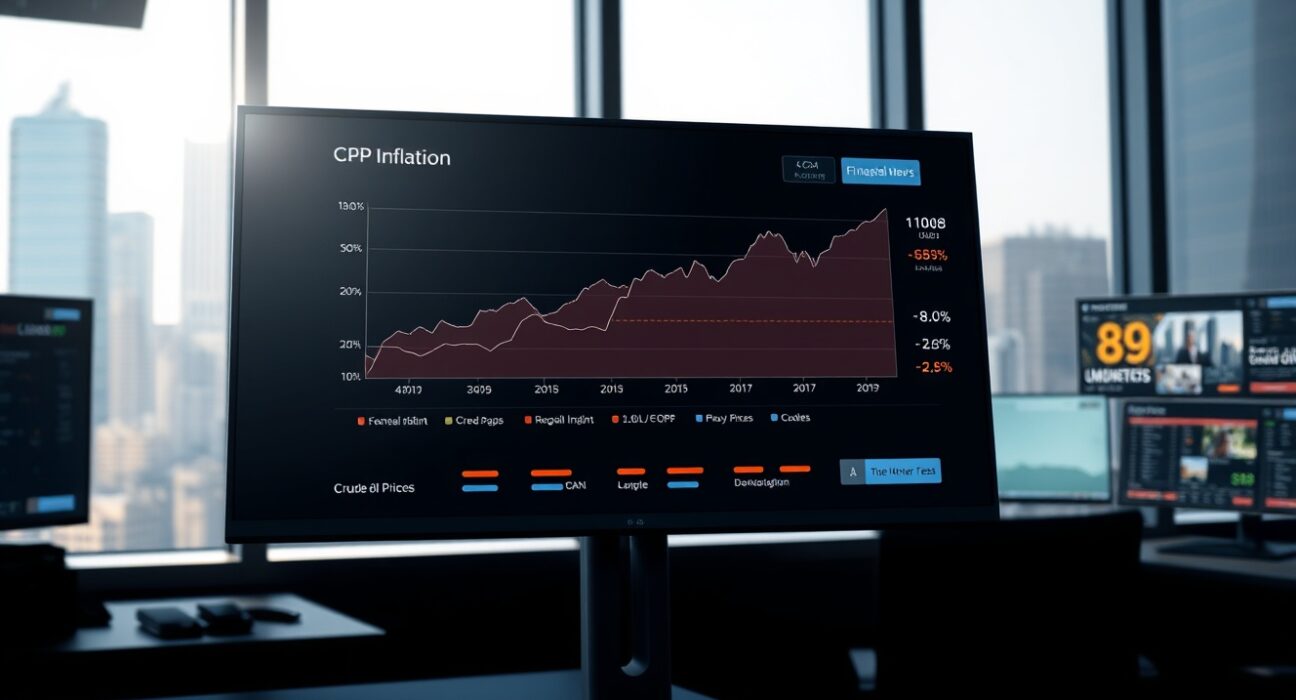 Financial dashboard showing US CPI inflation data alongside surging oil prices affecting Federal Reserve policy decisions.