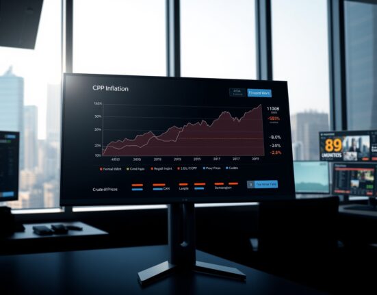 Financial dashboard showing US CPI inflation data alongside surging oil prices affecting Federal Reserve policy decisions.