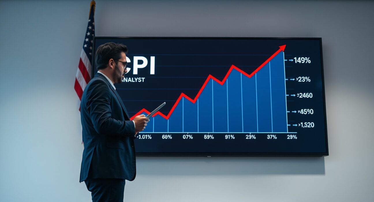 Financial analyst observing rising CPI inflation trend on digital screen in office
