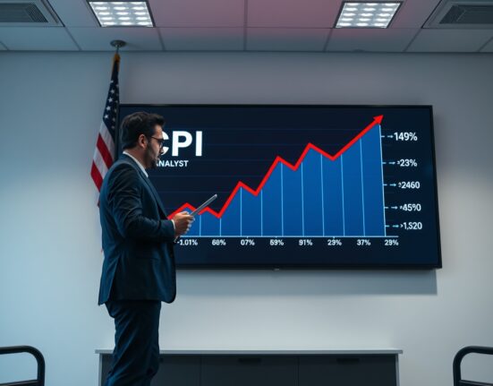 Financial analyst observing rising CPI inflation trend on digital screen in office