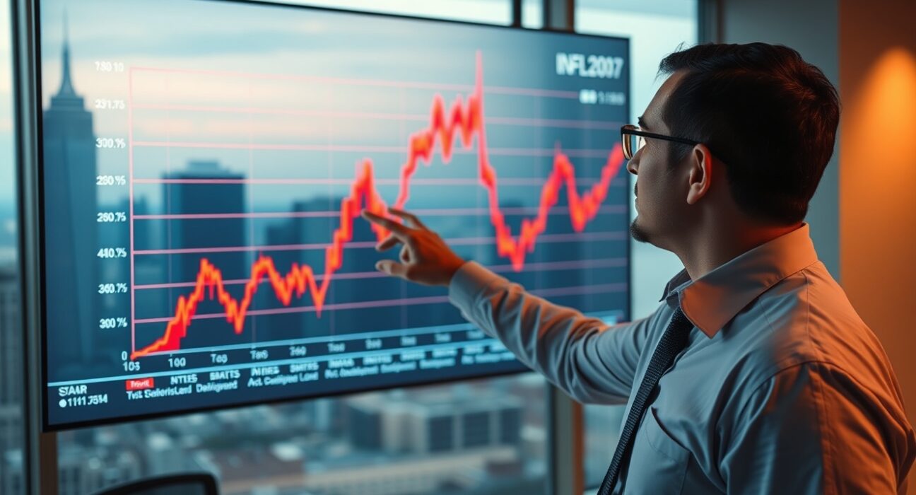 Financial analyst pointing at rising US inflation chart on a digital display in a modern office.