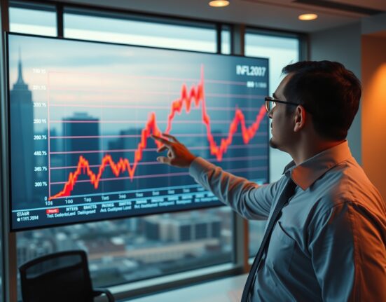 Financial analyst pointing at rising US inflation chart on a digital display in a modern office.