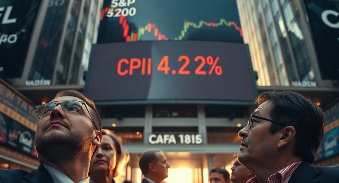 Stock market board displays CPI inflation rate of 4.2 percent with traders watching in financial district