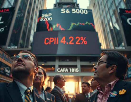 Stock market board displays CPI inflation rate of 4.2 percent with traders watching in financial district