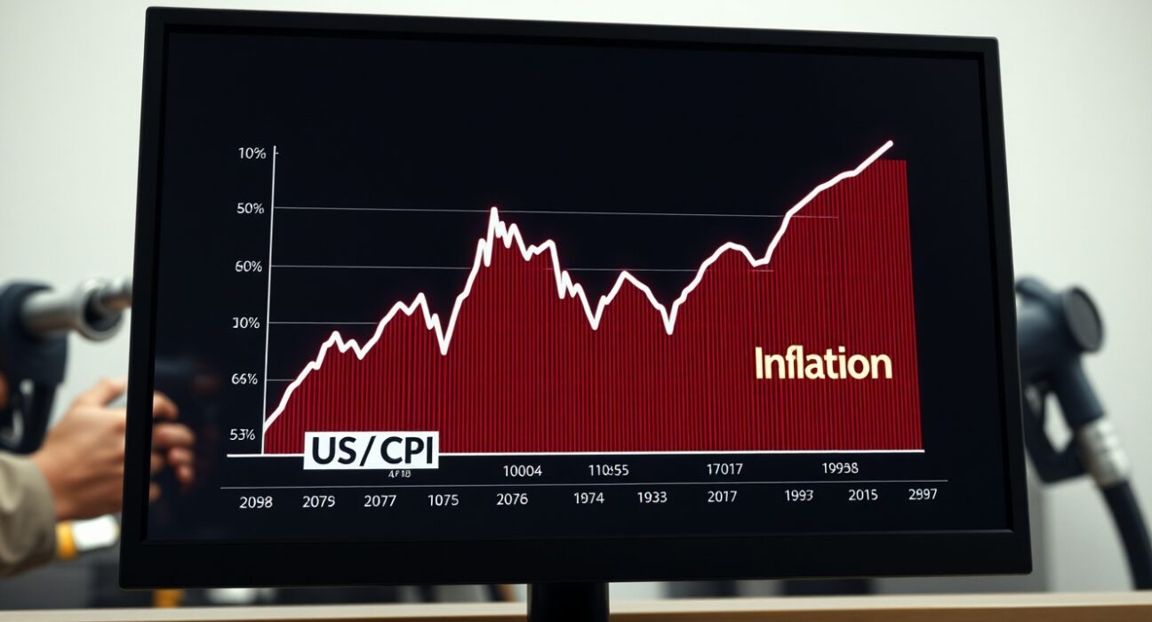 US CPI inflation graph rising sharply due to oil price surge impacting consumer prices.