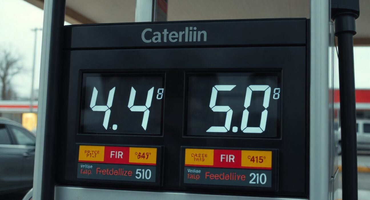 Close-up of a gas station fuel pump display showing a high price per gallon, symbolizing inflation driven by oil prices.