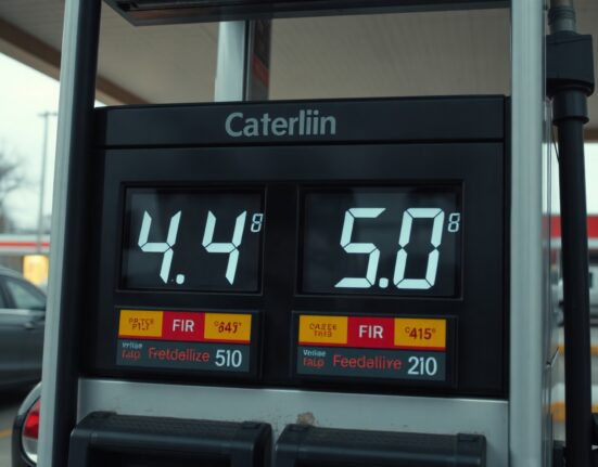 Close-up of a gas station fuel pump display showing a high price per gallon, symbolizing inflation driven by oil prices.