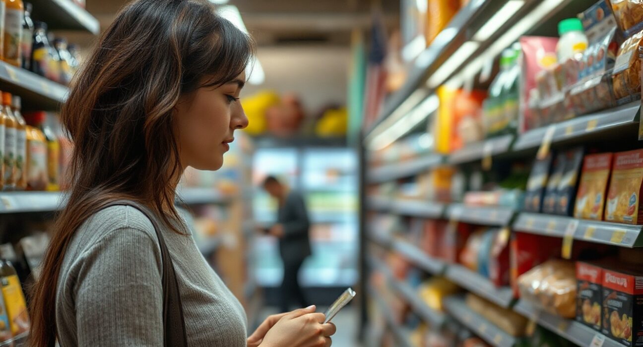Shopper looking at price tags in a grocery store aisle, representing US consumer inflation.