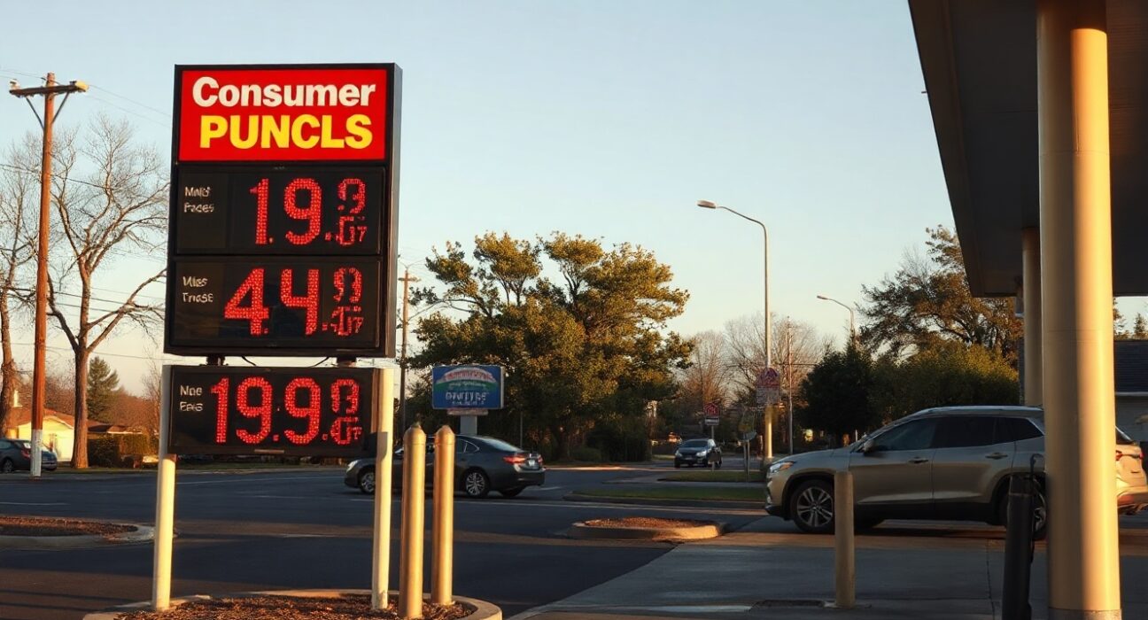 Gas station price sign showing high fuel costs in a US suburban setting during late afternoon.