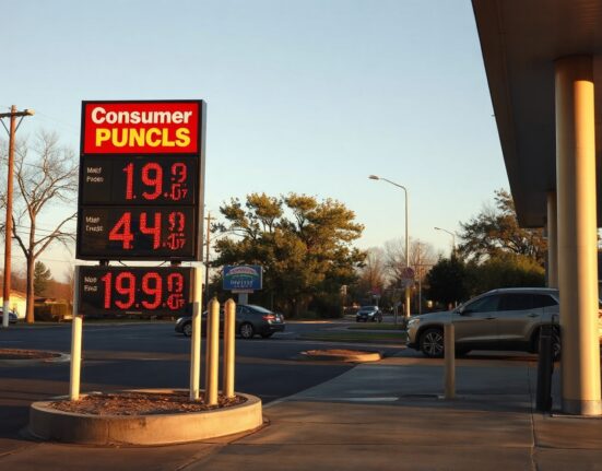 Gas station price sign showing high fuel costs in a US suburban setting during late afternoon.