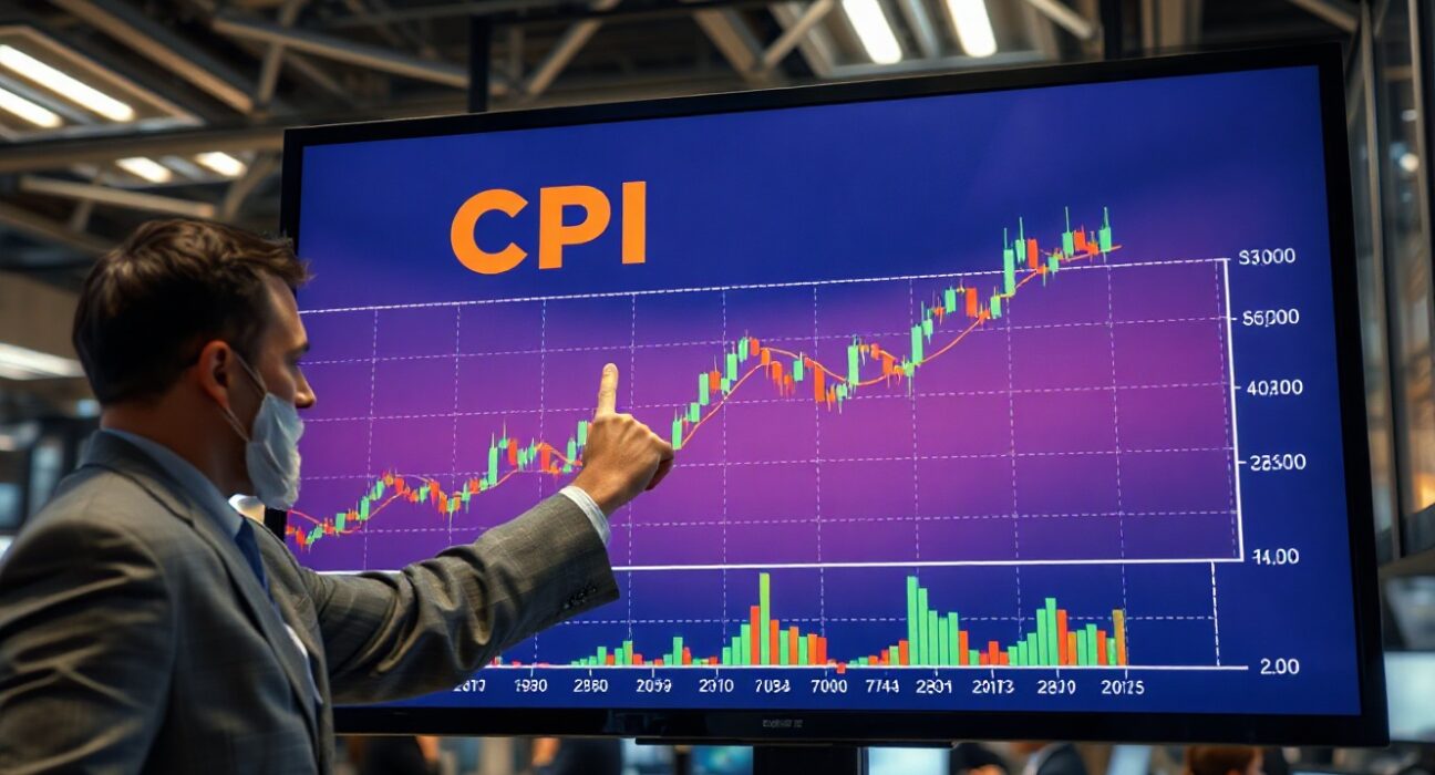 Financial analyst pointing at a digital screen showing rising CPI inflation data and a stock chart.