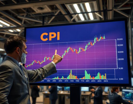 Financial analyst pointing at a digital screen showing rising CPI inflation data and a stock chart.