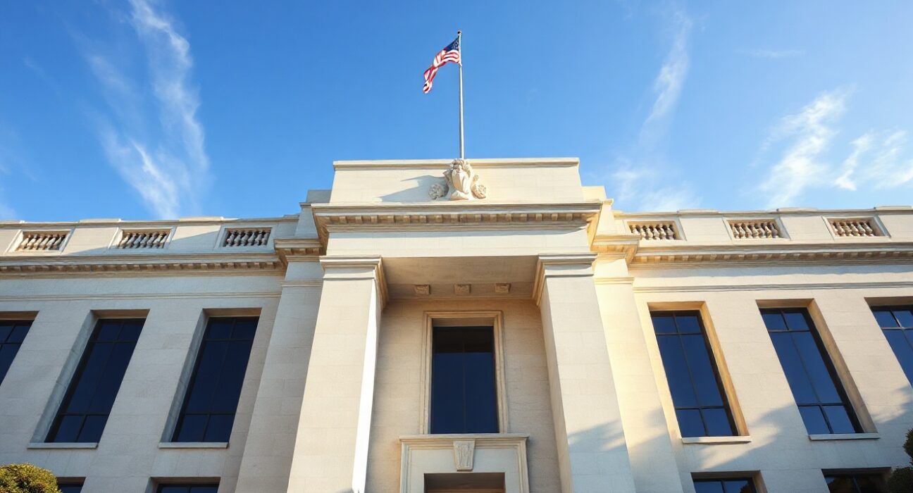 Exterior of the Federal Reserve building in Washington, D.C., on a sunny day.