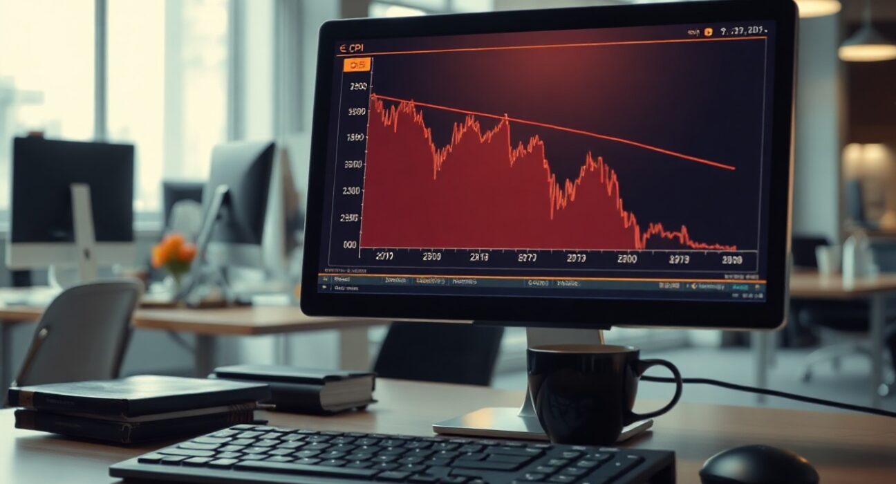 Analyst reviewing CPI chart on monitor in newsroom, indicating softer inflation data