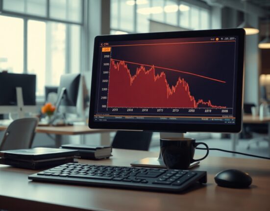 Analyst reviewing CPI chart on monitor in newsroom, indicating softer inflation data