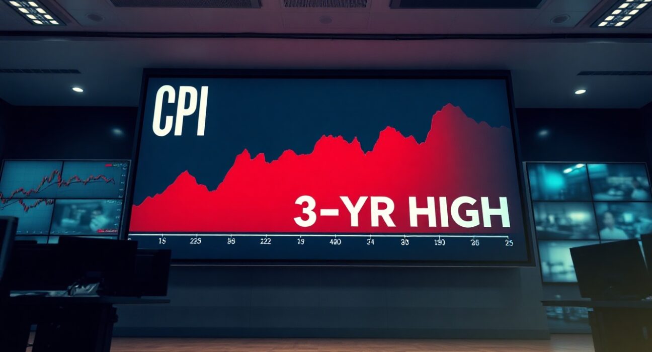 Digital display showing CPI data and rising inflation chart on a trading floor