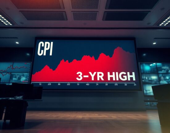 Digital display showing CPI data and rising inflation chart on a trading floor