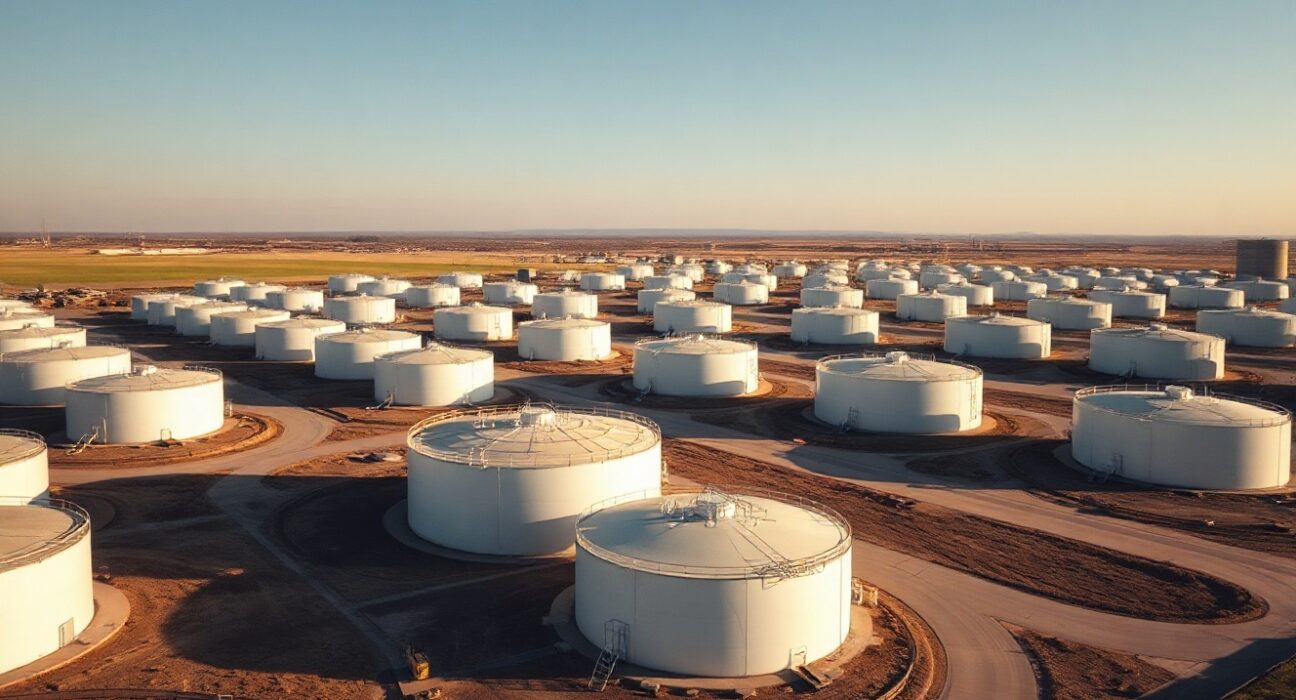 Aerial view of a large U.S. crude oil storage facility with numerous storage tanks.
