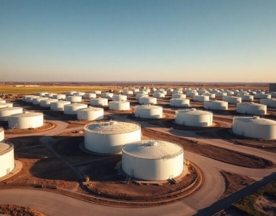 Aerial view of a large U.S. crude oil storage facility with numerous storage tanks.